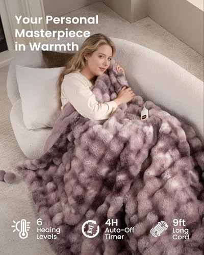 Image of Bearhug Heated Electric Throw Blanket, Luxurious Faux Rabbit Fur Dual-Sided Bubble Heating Blankets, 6 Heat Settings 4-Hour Auto Shut-Off, Machine Washable, 50 inch x 60 inch, Gift-Ready Elegant Packaging