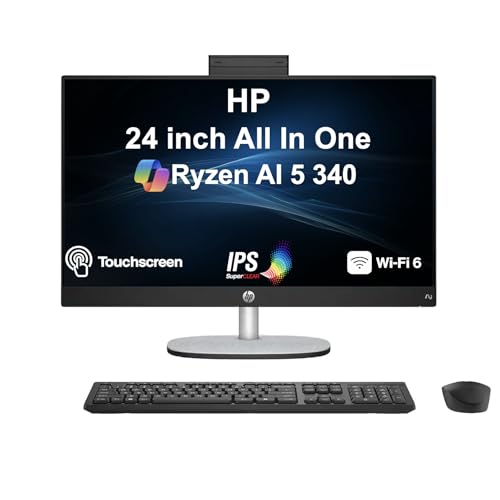 Image of HP 24 Copilot+ AIO (All-in-One) PC 23.8 inch Touch IPS FHD with Adjustable Tilt | AMD Ryzen AI 5 340, (Beats i7-1250U) 50 Tops AI, 32GB DDR5, 512GB PCIe SSD, WiFi 6, IR Webcam, Wireless KB /Mouse, Win 11 Home