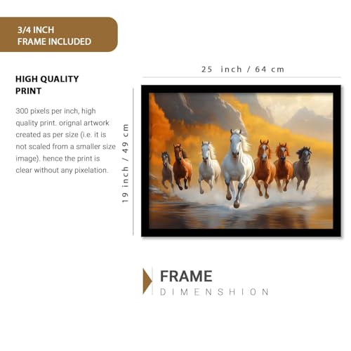 Image of HOTHOUSE Seven Running Vastu Lucky Horse and Rising Sun Painting | 7 Horses Vastu Frame Wall Art Painting for Living Room Bedroom Office Home Decor Wall Decor Size (19X25 inch)