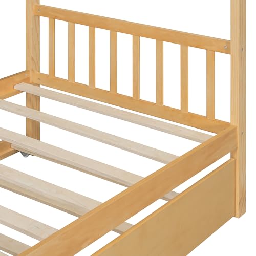 Image of Twin Size Creativity House Bed with Roof Frame and Twin Size Trundle, Montessori Wooden Platform Bed with Sturdy Slats Support for Kids Teens Girls Boys, No Box Spring Needed (Natural-02, Twin)
