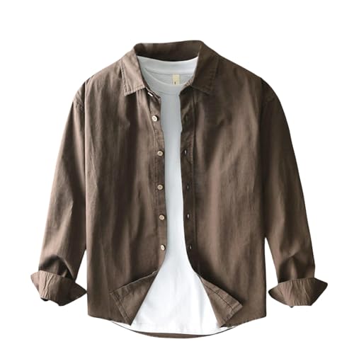 Spring Men's Long Sleeve Cotton Linen Loose Fit Casual Solid Tops Coffee XL
