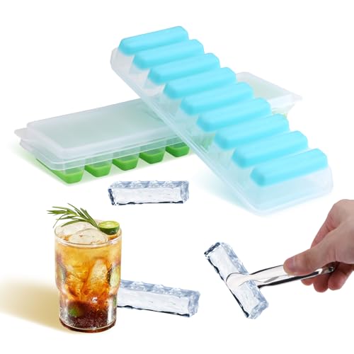 JEPELUS Bandeja de cubitos de hielo con tapa y pinzas de hielo, paquete de 2 bandejas apilables de polipropileno + TPE para congelador con 1 pinza para cubitos de hielo, moldes y bandejas de fácil