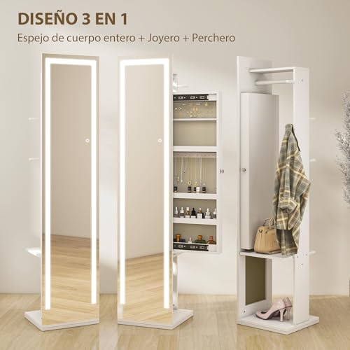 HOMCOM Espejo Joyero con Luces LED, Armario para Joyas, Armario Joyero con Espejo Entero, Perchero, Giratorio de 360°, Estantes Abiertos, Barras para Colgar, Blanco - imagen 3