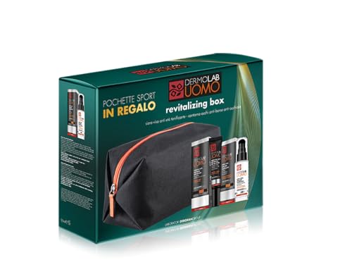 Dermolab Uomo - Revitalizing Box con Siero Viso Antietà 30 ml, con Caffeina, Azione Illuminante, e Crema Contorno Occhi 15 ml, Anti-Borse e Occhiaie, con Aloe Vera per Ridurre le Rughe, Pochette