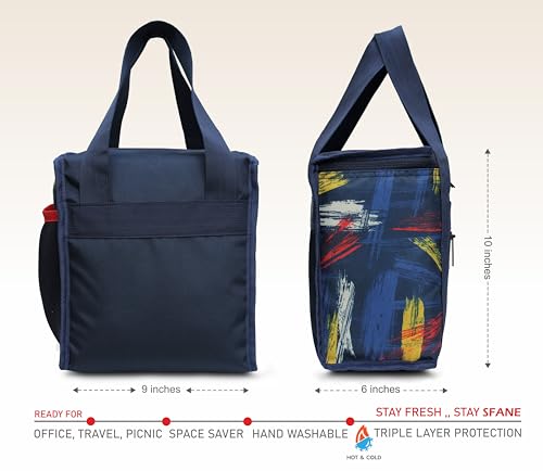 Image of Sfane Insulated Lunch Bag - Compact, Easy Wash, Smooth Zipper & Lightweight - Tote Bag & Container, Tiffin Bag for Men, Women, Adults (Navy Blue, Red & Yellow)