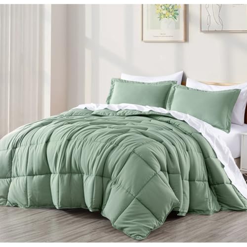 TRP 3-Piece Luxury Microfiber Fluffy Down Alternative Comforter Set King Size | Plush Soft Cozy Sage Green Solid Color Box Stitch Pattern Fall Western Bedding | Lightweight Fuzzy Texture Piped Edges