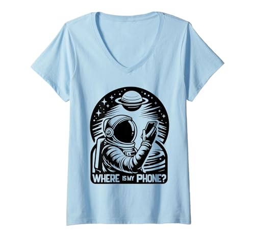 Women's Phone Quest Distressed Humor Where is My Phone V-Neck T-Shirt, Baby Blue, Large