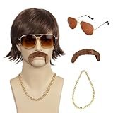 QACCF Mens 70's Wig | Mens 70s Gold Chain and Mustache and 60s Party Wig