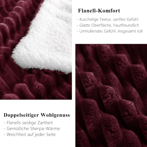 RUIKASI Sherpa Decke Warme Kuscheldecke Flauschige 130x150 cm Weinrot – Ansicht 6