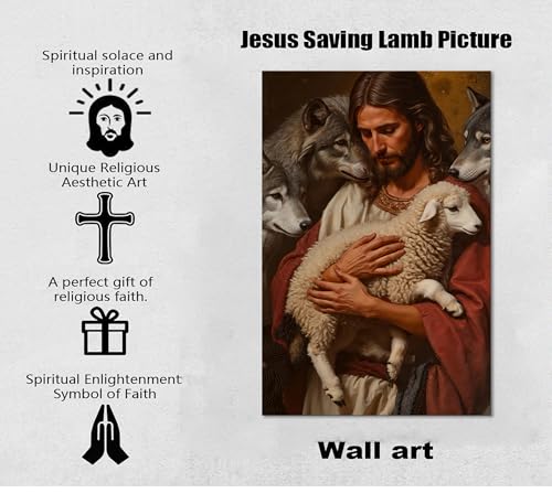 Jesus and Lamb Canvas Wall Art Jesus Saves the Lost Lamb Painting Picture Wall Decor Christian Shepherd Religious Poster Print Artwork for Church Room Living Bedroom Office Home Decoration Framed