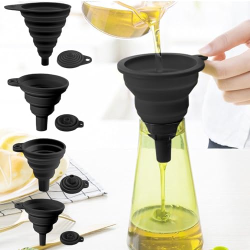 4Pcs Funnels for Kitchen Use, Silicone Collapsible Kitchen Funnel Set for Liquid, Oil and Dry Ingredients Transfer, Black