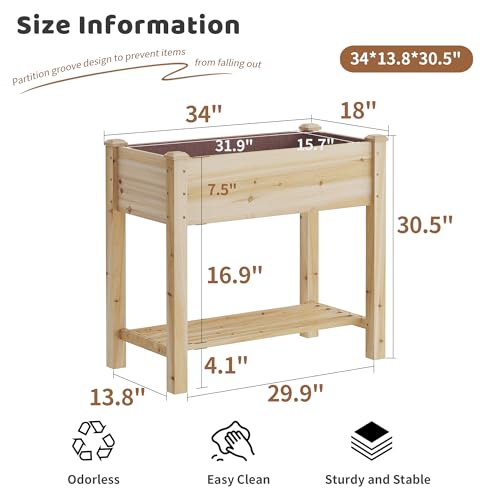Image of Raised Garden Bed with Legs Elevated Wooden Planter Box Stand Large Planter Stand Box for Fruits Vegetables Flowers with Divider with Bag - 34x18x30.5IN