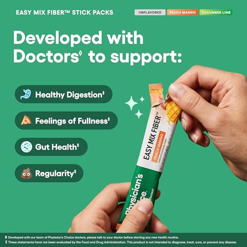 Image of Physician's CHOICE Easy Mix Fiber Stick Packs - GLP-1 Friendly, No Grit, Daily Prebiotic Fiber Powder for Digestive Health & Regularity - On the Go Travel Variety Pack for Women & Men - 18 Count