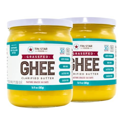 2 PACK Tin Star Foods 16 oz GRASSFED GHEE made with Certified and Sustainably Farmed Grassfed Butter. Traditional Ghee Made In Kettles And Shipped In Glass Jars. Produced In Dallas TX. Desi Style