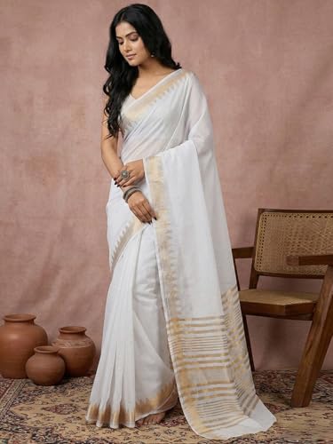 Image of Satrani Women's Cotton Silk Weaving Border Saree with Unstitched Blouse Piece
