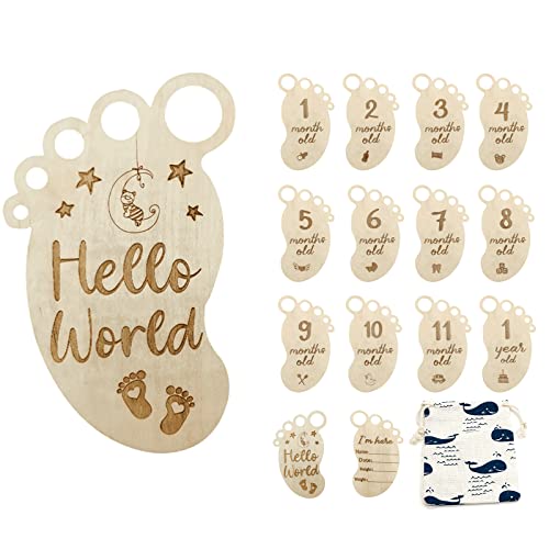 Image of Baby Milestone Cards 13 Pack Wooden Baby Monthly Milestone Newborn to 1 Year Baby Photoshoot Props Includes 12 Monthly Cards and 1 Birth Card