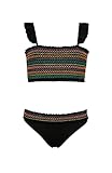 Hobie Girls' Bandeau Bikini Top and Hipster Bottom Swimsuit Set, Black//Smocked Solids, 12