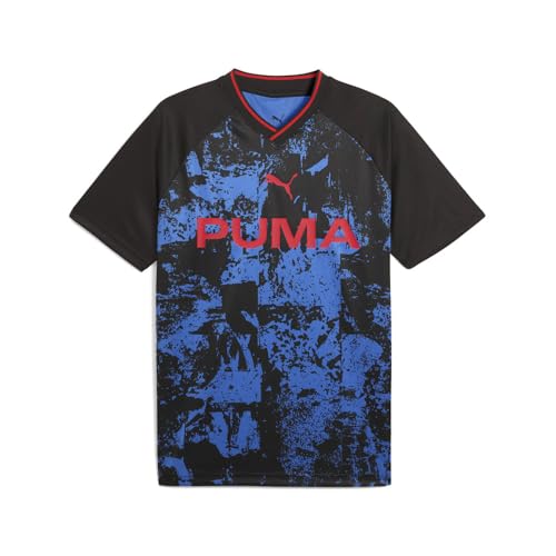 PUMA Men's Essentials Short Sleeve Jersey, Black-Team Regal Red All Over Print AH25, Large