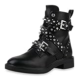 van der laan biker boots  VAN HILL Damen Stiefeletten Schnürstiefeletten Leicht Gefütterte Schuhe Nieten Biker Boots Strass Schnallen Schnürboots 185095 Schwarz 39