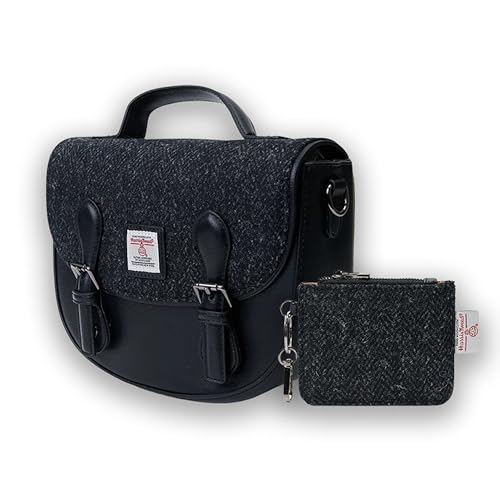 Islander Set from Harris Tweed Mini Cobble Satchel & Card Zip Wallet Gift Idea (Black Herringbone)