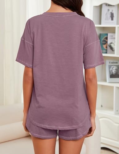 Image of KCW Pajamas for Women Set 2 Piece 100% Cotton Lounge Sets Short Sleeve Top and Shorts Pj Set Sleepwear Outfits