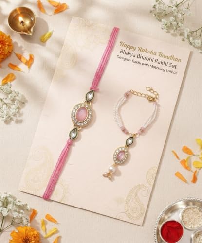 Image of Rakhi for Brother and Bhabhi Set of 2, Designer Rakhis for Rakshabandhan, Bhaiya Bhabhi Rakhi Set for Rang Panchami, Best Wishes Greeting Card and Tillak Set, Premium Thread Raki for Him
