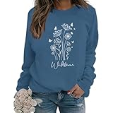 Bobeutou Flower Graphic Sweatshirt for Women 80s Vintage Minimalistic Floral Printed Long Sleeves Shirt Loose Pullovers Tops (Gray Blue,L)