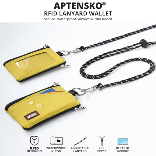 Image of RFID Blocking Travel Wallet with Adjustable Lanyard, Small Nylon Zipper Pouch and Badge Holder for ID, Credit Cards, Cash, Keys, Commuters (Dark Yellow)
