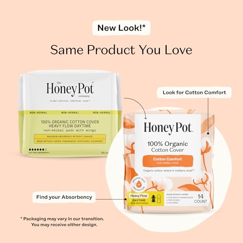 Image of The Honey Pot Company - 56ct - Sanitary Pads for Women - Non-Herbal Heavy Flow Daytime w /Wings - Organic Cotton Cover & Ultra-Absorbent Core - Feminine Care