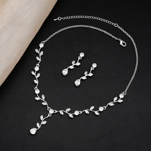 Elegant Bridal Jewelry Sets for Wedding Bride Leaf Shape Cubic Zirconia Necklace Earrings Bracelet Set Prom Costume Accessories4