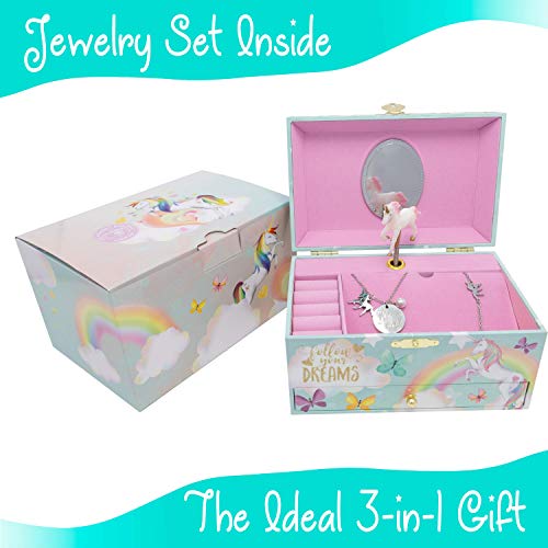 Unicorn Musical Jewelry Box for Girls - Unicorn Jewelry Set Included - 3 Unicorns Gifts for Girls makes ideal Unicorn Bedroom Decor or Birthday Gifts for Girls