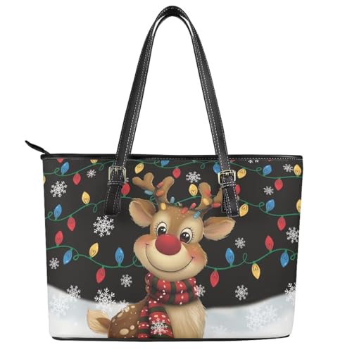 Image of Coldinair Christmas Leather Tote Bag for Women with Zipper Large Shoulder Tote Bag Shopping Casual Travel Bag Handbag Purse