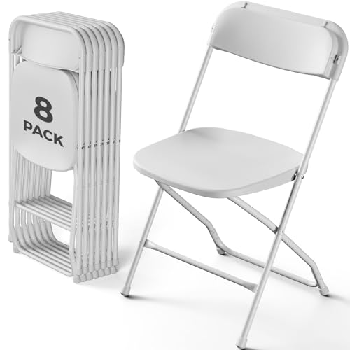 MAKE CHANGES Folding Chairs 8Pack, Outdoor Portable Foldable Chair with Steel Frame, 350lbs Capacity Heavy Duty Metal White Plastic Folding Chairs for Patio, Picnic, Kitchen, Dining (Snow-White)