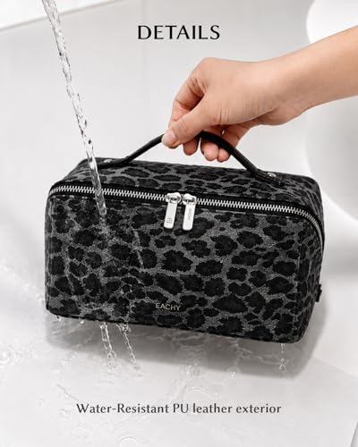 Image of EACHY Travel Makeup Bag, Large Capacity Cosmetic Bag for Women, Waterproof PU Leather, Flat Open Portable Toiletry Bag for Skincare, Brushes & Travel Essentials