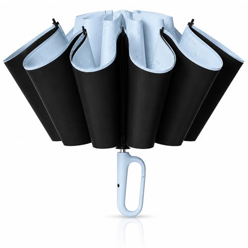 Image of Zemic UV Reversible Umbrella with Novelty Carabiner Handle, Travel-Friendly Umbrellas for Sun & Rain Protection, Windproof Compact, Automatic Open /Close, 8 Dual Ribs, Portable Umbrella for Men and Women