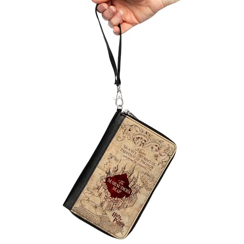 Buckle-Down The Wizarding World of Harry Potter Wallet, Zip Around, Hogwarts School The Marauders Map Tan Reds, Vegan Leather2