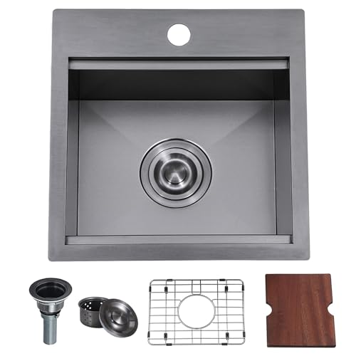 VAPSINT 15x15 Inch Black Bar Sink, Drop In Bar Sink Workstation Top Mount Single Bowl Small Bar Sink, Stainless Steel Handmade Gunmetal Black Small Kitchen sink with Grid & Cutting Board by VAPSINT - Used condition - US$61.03