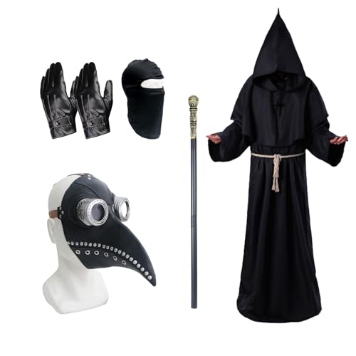 Pest Arzt Halloween Kostüm lange Nase Schnabel Maske Erwachsener Pest Arzt Maske Priester Robe Skepter Kreuz Halskette Gürtel Leder Handschuhe Balaclava Halloween Karneval Fancy Kleid Cosplay Kostüm