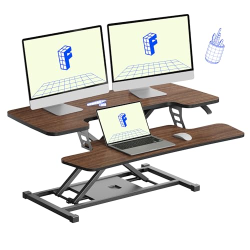 FLEXISPOT Standing Desk Converter 36in Sit to Stand up Riser Height Adjustable Monitor and Laptop Workstation with Spacious 2-Tier Desktop, Walnut Color