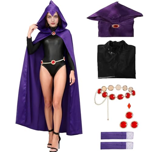 ILLOMEEGOOS Raven Costume Women Purple Hooded Cloak Jumpsuit with Jeweled Belt Halloween Costume Cosplay Anime Outfit Props