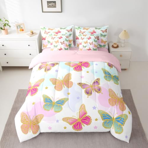 Image of Flying Butterflies 7 Pieces Bedding Set King,Colorful Garden Wildlife Bed in a Bag,Cartoon Stars Bed Set Includes Comforter,Sheet Set,Pillowcases & Pillow Covers,Vintage Romantic Style Bedroom Decor