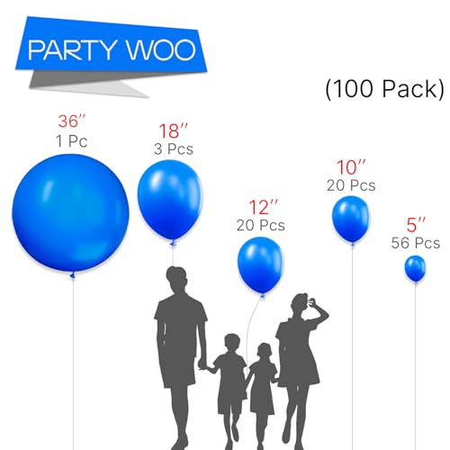 Image of PartyWoo Royal Blue Balloons, 100 pcs Dark Blue Different Sizes Pack of 36 Inch 18 Inch 12 Inch 10 Inch 5 Inch Blue for Balloon Garland or Balloon Arch as Party Decorations, Blue-Y5