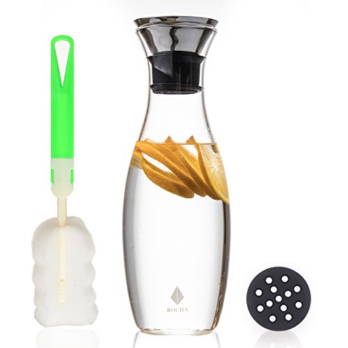 BOCHA - Glass Water Carafe Pitcher and Wine Decanter with Aerator and Stainless Steel Drip Free Pouring Lid 1.3L