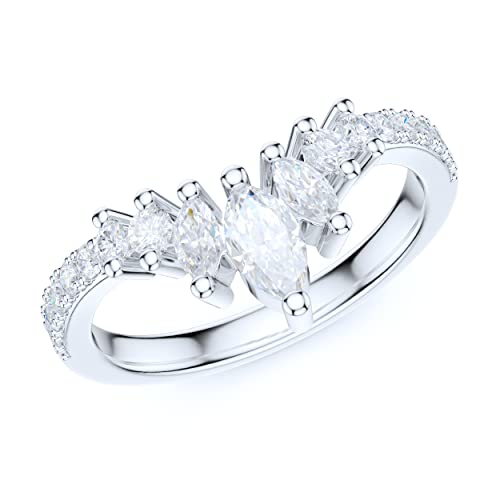 Sterling Silver Slight V Shaped Crown Simulated Marquise & Round Diamond Matching Ring Wedding Band