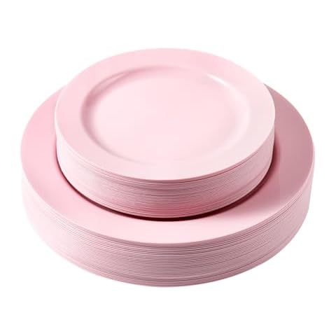 TENYASEN 60PCS Pink Plastic Plates, Heavy Duty Disposable Plates for Party & Wedding & Birthday - Include 30PCS 10.25inch Dinner Plates and 30PCS 7.5inch Dessert/Salad Plates Cover