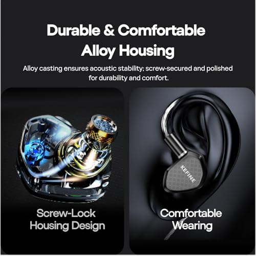 Image of Kefine Klean in-Ear Monitor, 10mm DLC Diaphgram Dynamic Driver IEM Earphones, HiFi Wired Gaming Earbuds with Dual Interchangeable Nozzles & Detachable 2-PIN Cable (with Mic Type-C, Black)