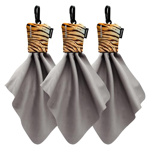 SPUDZ Classic | Toallas de microfibra de 6 x 6 pulgadas con bolsas de neopreno | Paños de limpieza de microfibra premium para portátiles, lentes, cámaras, pantallas y más | Tigre (paquete de 3)