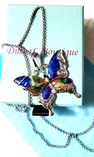 DianaL Boutique Silvertone Colorful Butterfly Pendant Necklace 24" Stainless Steel Chain4