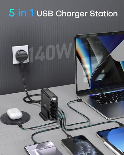140W USB C Fast Charger Plug with Display,5 Port GaN Charging Station Hub, Max 100W PD Charging Station, USB Laptop Charger for MacBook Pro/Air/iPhone 17/16/15/Mini/Pro/Pro Max/Samsung Galaxy, Black - Image 4