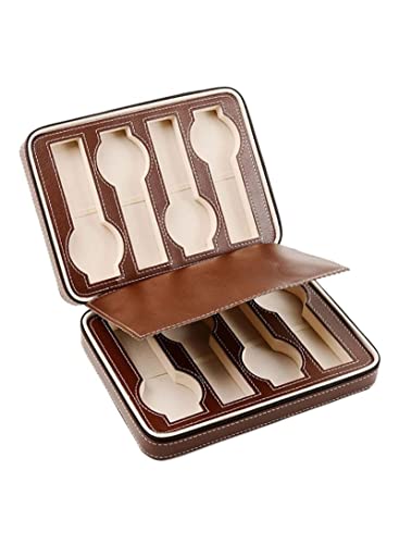 Watch Travel Case Storage Organizer Box,Portable 8 Slot Leather Watch Zippered Storage Organizer Case-Brown